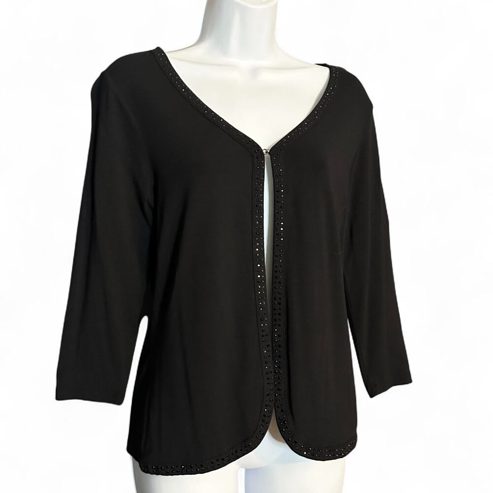 Vintage 80s Talbots Black Cardigan Size PP Embellished Trim V Neck 3/4 Sleeve